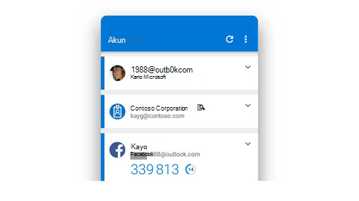 Aplikasi Microsoft Authenticator memperlihatkan beberapa akun.