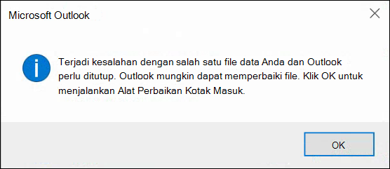 Ada yang salah dengan salah satu file data Anda dan Outlook harus ditutup.
