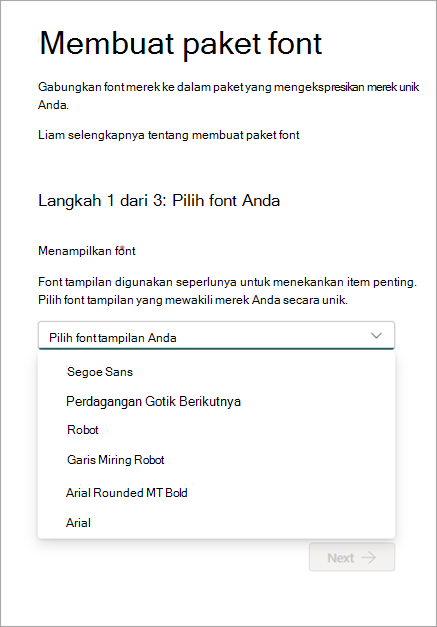 cuplikan layar membuat paket font