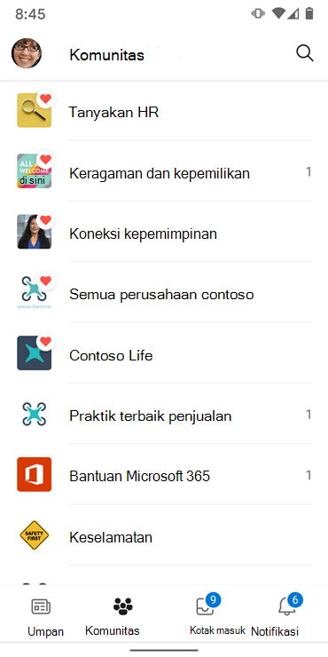 Cuplikan layar memperlihatkan komunitas di aplikasi Yammer Android