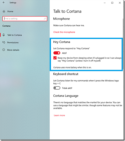 Tangkapan layar Pengaturan Hey Cortana
