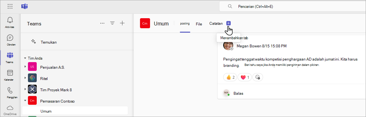 Kotak dialog memperlihatkan cara menambahkan tab SharePoint ke saluran di Teams.