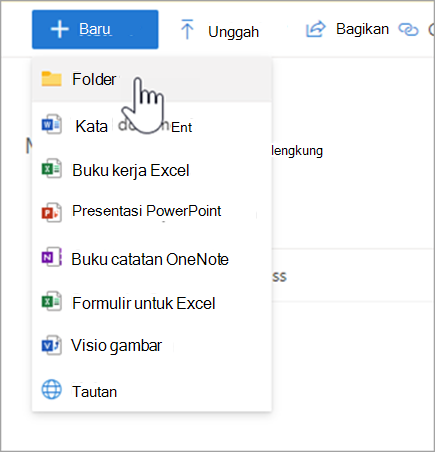 Cuplikan layar menu turun bawah di Onedrive, arahkan mouse ke atas "folder"