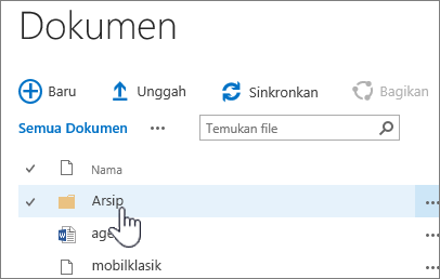 Pustaka dokumen SharePoint 2016 dengan folder disorot