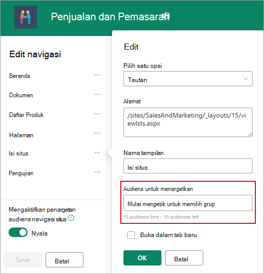 Kotak dialog Edit digunakan untuk menambahkan audiens target.