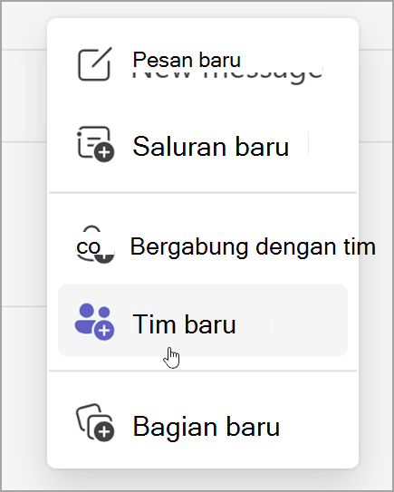 Cuplikan layar opsi untuk membuat tim baru. Hal ini terungkap setelah memilih opsi item baru.