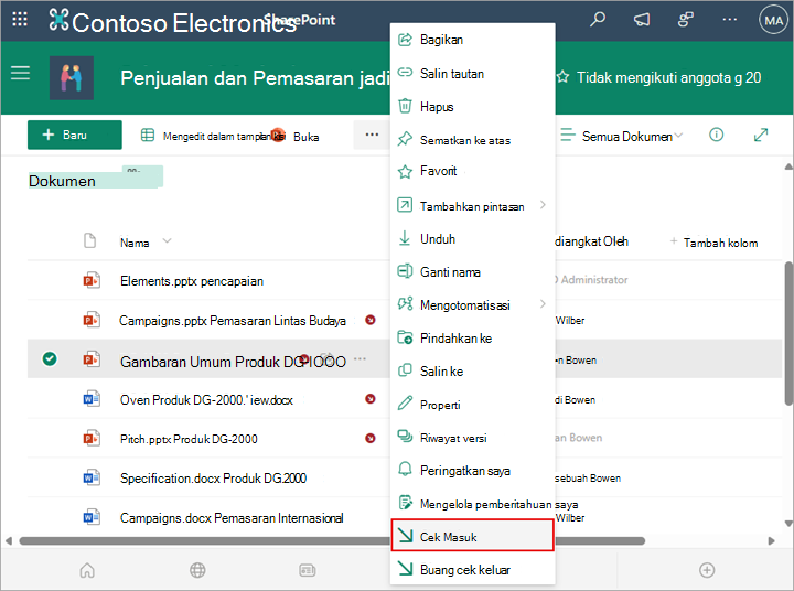 Pilih perintah check-in untuk memeriksa kembali file ke pustaka Anda.