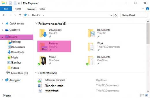 Jendela File Explorer Windows tingkat tinggi, dengan folder Gambar disorot