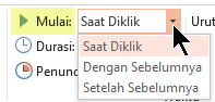 Opsi Mulai untuk efek animasi di PowerPoint