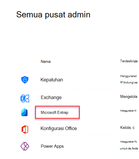 Menu pusat admin di Microsoft 365 dengan pusat admin Azure Active Directory disorot.