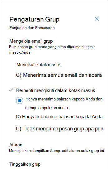 Dari panel Pengaturan grup, pilih preferensi ikuti Anda atau pilih tinggalkan