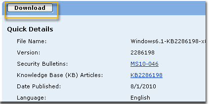 Pilih Unduh di halaman unduhan untuk KB2286198. Jendela yang memperlihatkan Unduhan File muncul, pilih Buka untuk menginstal file secara otomatis setelah diunduh.