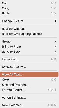 Opsi Tampilkan Teks Alt dalam menu konteks di PowerPoint untuk Mac.