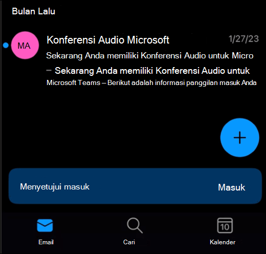 Kotak masuk di Outlook seluler memperlihatkan banner di bagian bawah layar dengan tombol "masuk".