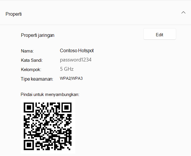 Cuplikan layar kode QR yang digunakan untuk menyambungkan ke perangkat Windows yang bertindak sebagai hotspot.