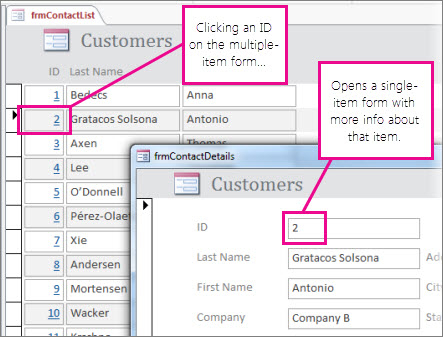 Mengklik sebuah ID pada formulir berisi beberapa item untuk membuka formulir berisi satu item.