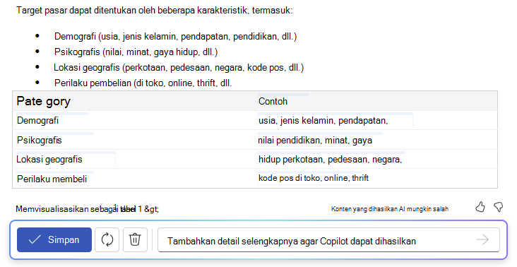 Cuplikan layar Copilot di Word yang menampilkan kemampuan teks ke tabel