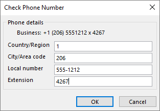 Di Outlook, pada Kartu Kontak, di bawah Nomor telepon, pilih opsi, dan perbarui kotak dialog Periksa Nomor Telepon sesuai kebutuhan.