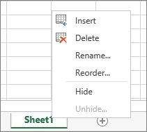 Cuplikan layar memperlihatkan menu yang muncul setelah mengklik kanan tab lembar dengan opsi untuk menyisipkan, menghapus, mengganti nama, mengurutkan kembali, menyembunyikan, atau memunculkan lembar.