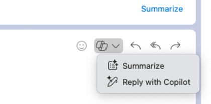 Ikon Copilot yang dipilih membuka menu yang menampilkan Ringkas dan Balas dengan Copilot.