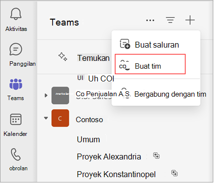 Cuplikan layar menu dengan opsi untuk membuat saluran, membuat tim, atau bergabung dengan tim. Pilih buat tim untuk membuat tim. Ini juga memperlihatkan daftar tim dan saluran yang sudah ada.