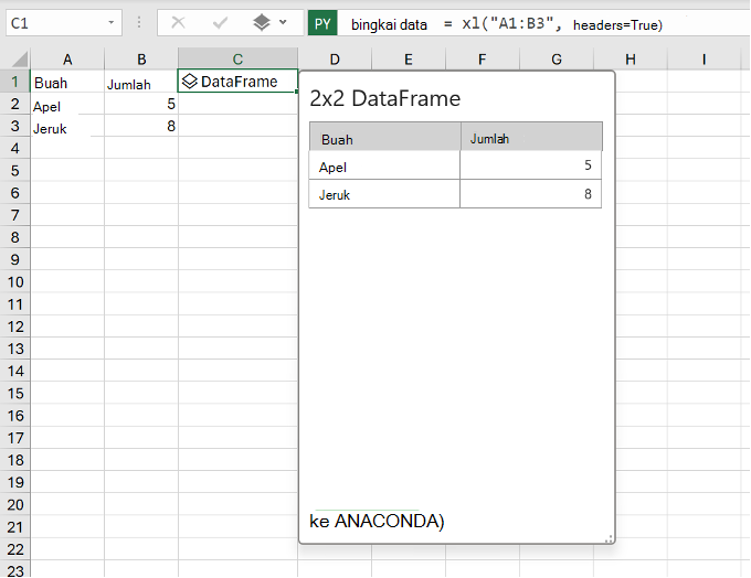 Pratinjau Python di Excel DataFrame, memperlihatkan kode Python dan nilai Excel.