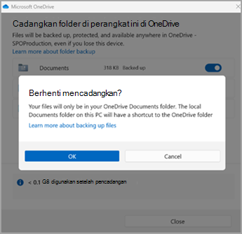 Folder cadangan OneDrive menghentikan pencadangan