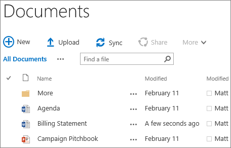 Cuplikan layar pustaka dokumen di SharePoint Server 2016