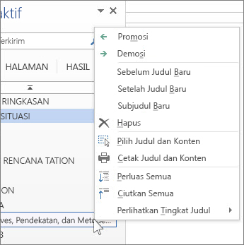Opsi menu klik kanan untuk judul dalam panel Navigasi