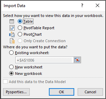 Kotak dialog Impor data dari Excel 2016