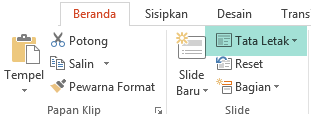 Tombol Tata Letak pada tab Beranda di PowerPoint memiliki semua tata letak slide yang tersedia.