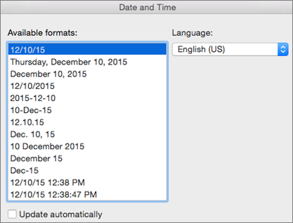 Menyisipkan tanggal dan waktu di Word untuk Mac - Word for Mac