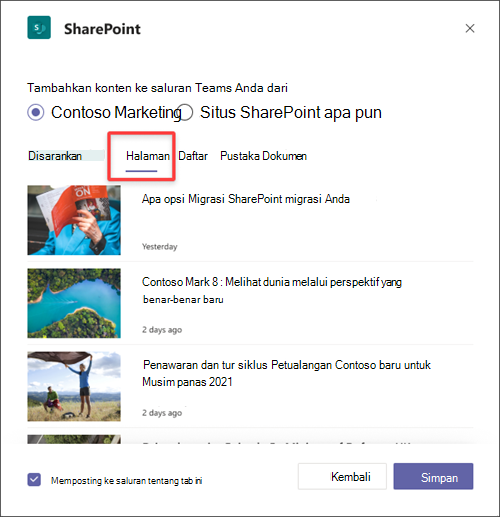 Menambahkan halaman SharePoint sebagai tab di Teams