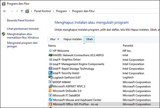 Klik Ubah di aplet Hapus Instalan Program untuk memulai perbaikan Microsoft Office