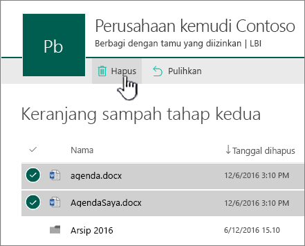 Daur ulang tingkat 2 SharePoint Online dengan tombol hapus disorot