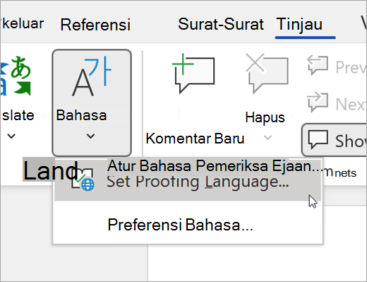 Cuplikan layar tab tinjau kata. Mouse telah memilih bahasa lalu mengatur bahasa pemeriksa ejaan