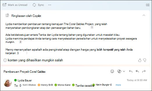 Ringkasan utas email dengan kutipan yang dibuat oleh Copilot