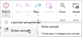 Anda dapat menggunakan tombol Laporkan > Bukan Sampah untuk memulihkan pesan dari folder Email Sampah, lalu memberi tahu Outlook untuk menghentikan pengiriman pesan dari pengirim tersebut ke folder Email Sampah.