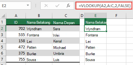 Gunakan VLOOKUP tradisional dengan referensi lookup_value tunggal: =VLOOKUP(A2,A:C,32,FALSE). Rumus ini tidak akan mengembalikan array dinamis, tetapi bisa digunakan dengan tabel Excel.