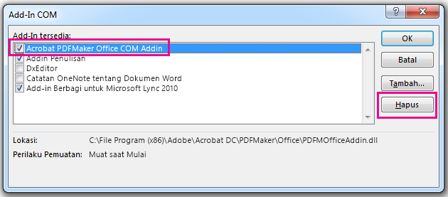 Pilih kotak centang untuk Acrobat PDFMaker Office COM Add-in, dan klik Hapus.