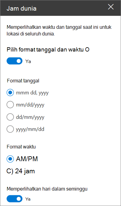 Kotak alat untuk webpart Jam Dunia untuk situs SharePoint, memperlihatkan cara mengkustomisasi pemformatan tanggal dan waktu