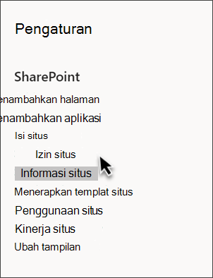 Cuplikan layar pengaturan SharePoint dengan informasi Situs dipilih