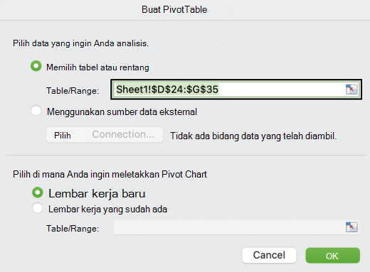 Kotak dialog Create PivotChart di Mac.