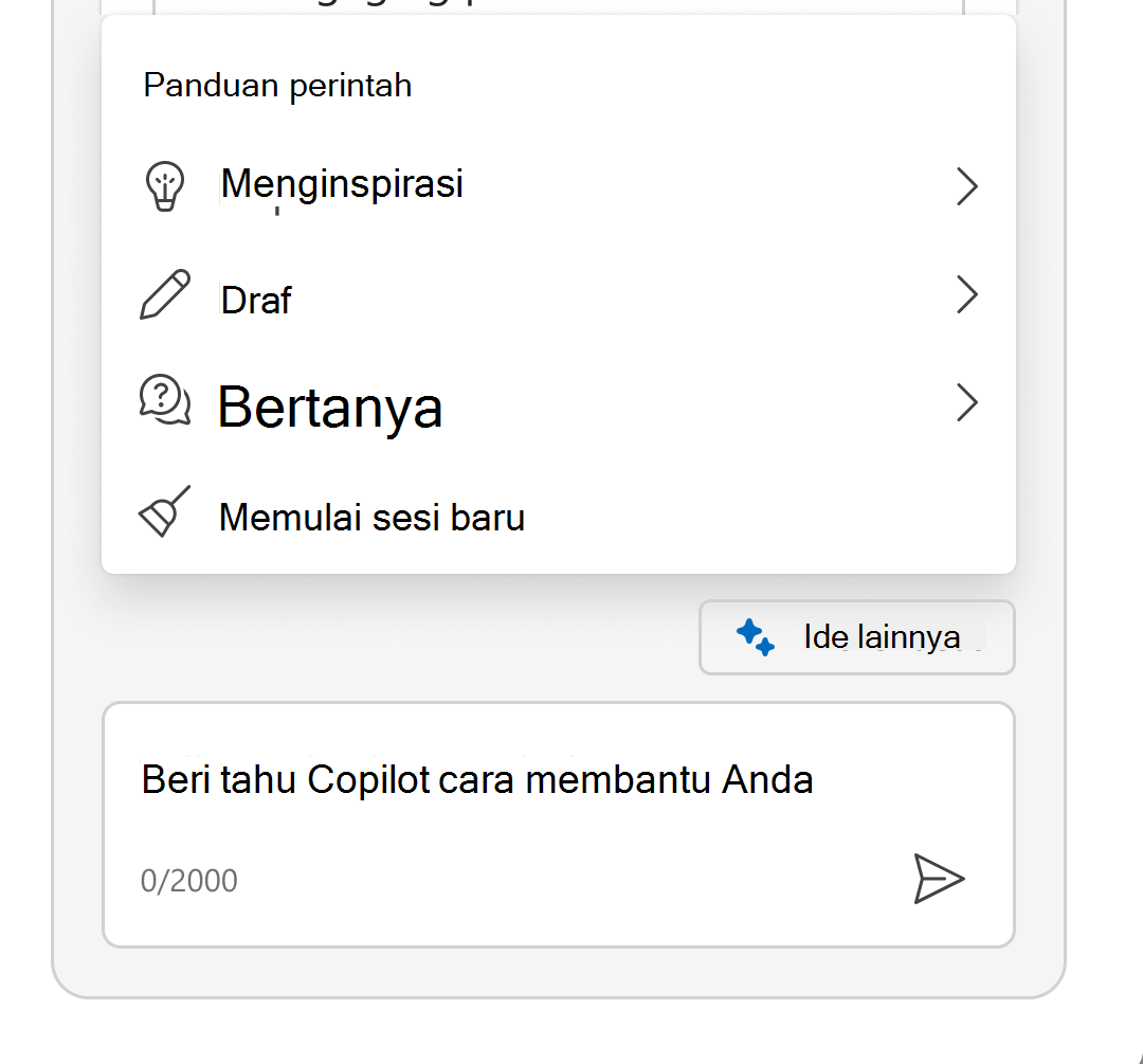 Cuplikan layar memperlihatkan menu Berkilau diperluas untuk memperlihatkan panduan Perintah.
