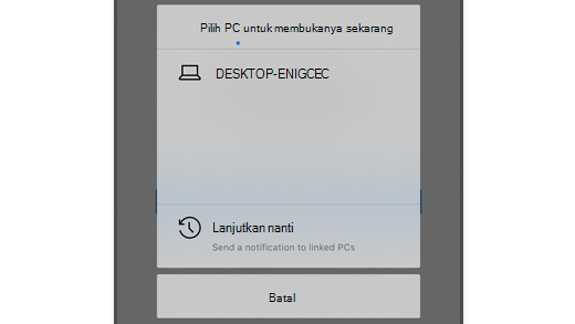 Cuplikan layar memperlihatkan Pilih PC di Microsoft Edge di iOS sehingga pengguna dapat membuka halaman web di komputer mereka.
