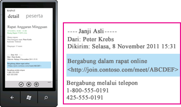 Cuplikan layar yang memperlihatkan nomor telepon untuk panggilan masuk dan tombol jawab pada klien seluler Lync