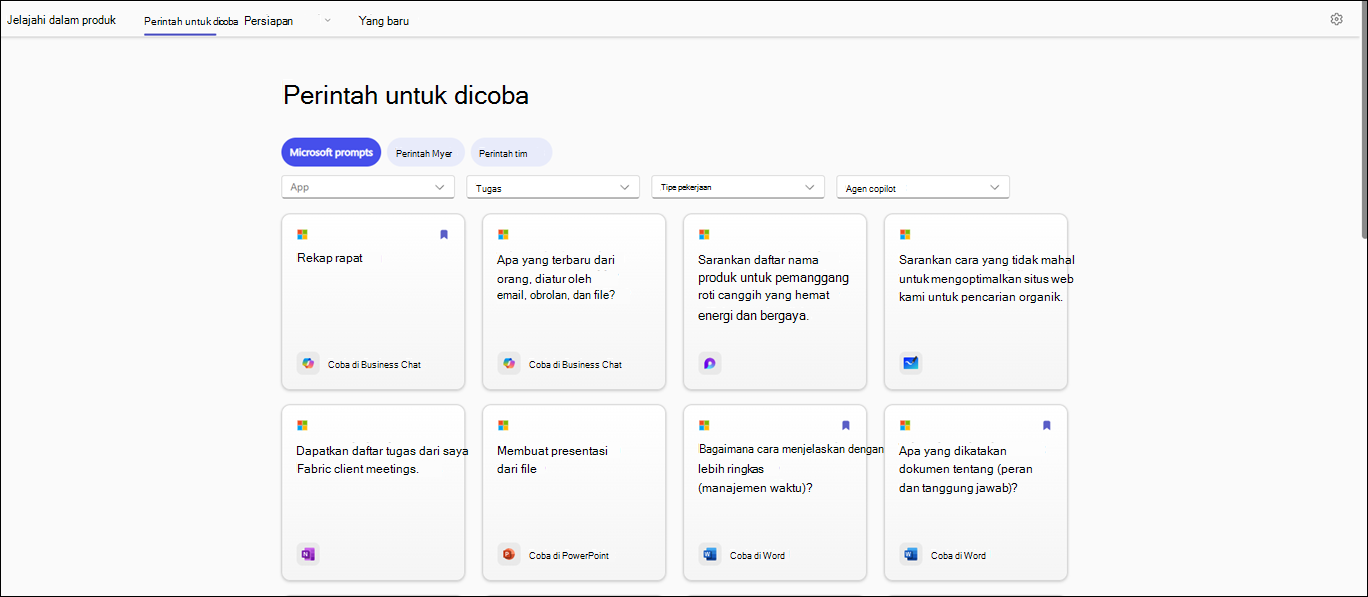 Perintah untuk mencoba bagian di halaman Galeri Perintah Copilot menampilkan berbagai perintah dengan opsi filter seperti aplikasi, tugas, tipe pekerjaan, dan agen Copilot.