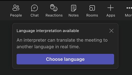 Pengaturan Interpretasi Bahasa untuk memilih bahasa di Teams.