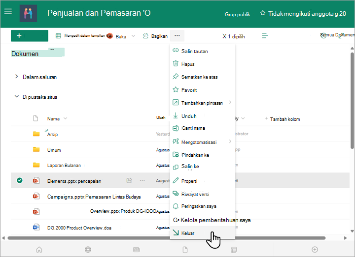 Pilih opsi check out dari menu Lainnya di atas daftar dokumen.