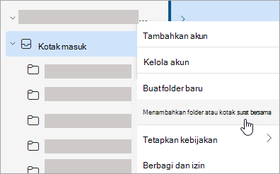 Cuplikan layar memperlihatkan pilihan untuk Menambahkan folder atau kotak surat bersama